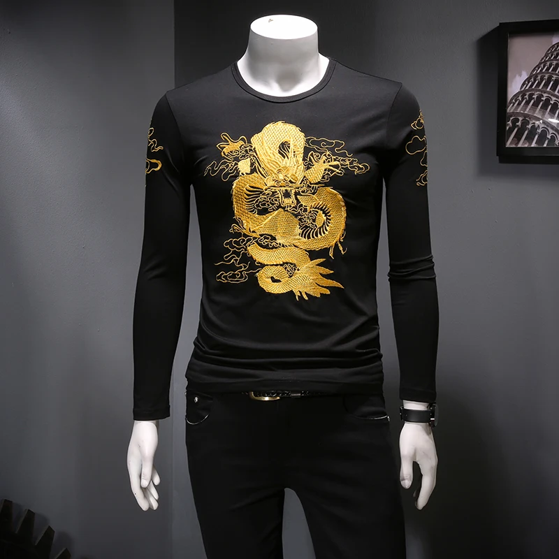 Повседневные мужские футболки с длинными рукавами, Camisetas Hombre, большие размеры, Harujuku, новинка, Высококачественная Мужская футболка с вышивкой и принтом Драконов