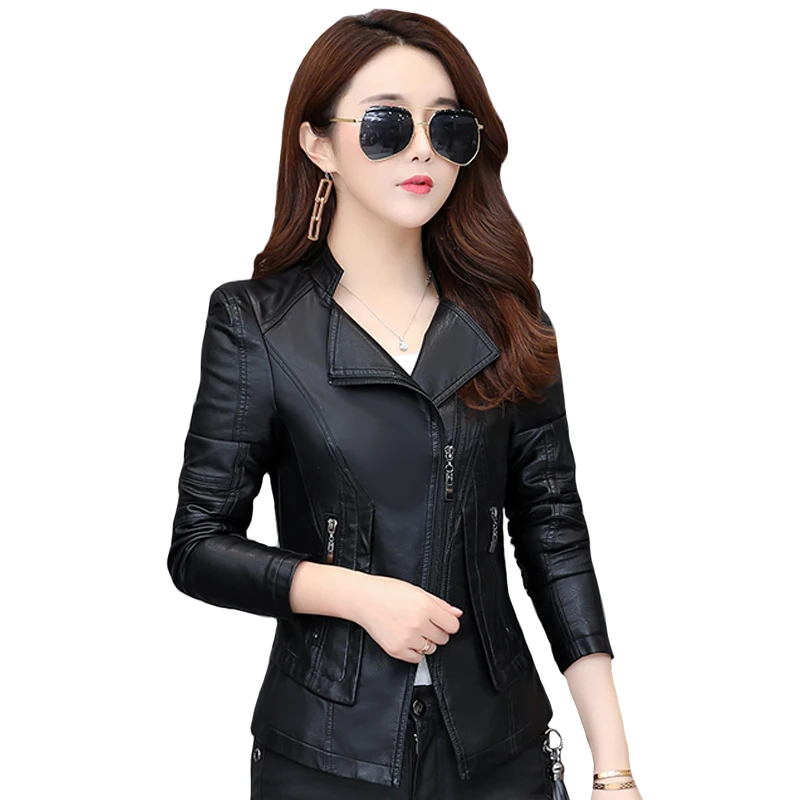 

Spring Autumn Women Faux Leather Jacket Fashion Plus Size 4XL Motorcycle Coat Zippers Long Sleeve Short Slim PU Leather Jackets