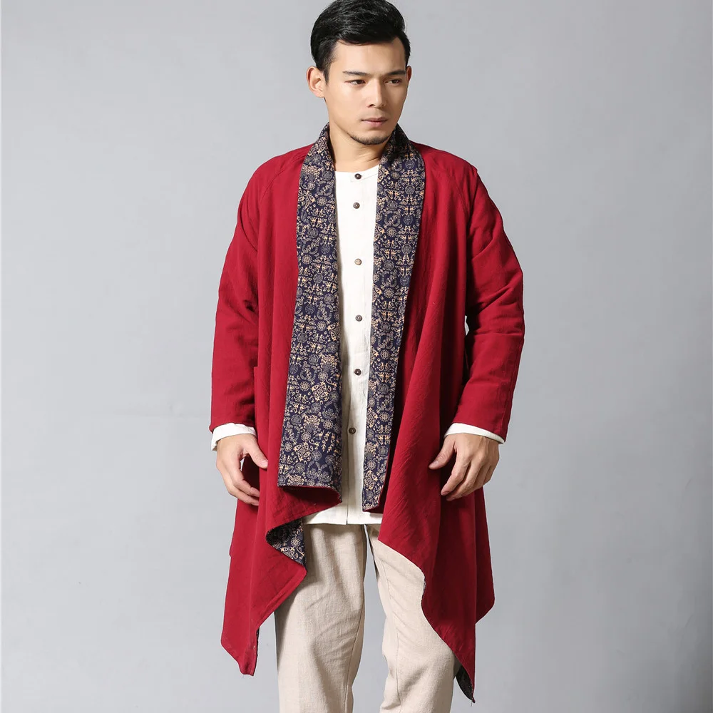 

Double Face Wear Cotton Linen Trench National Style Men Linen Outerwear Male Loose Pattern Linen Cloak Clothing India Nepal
