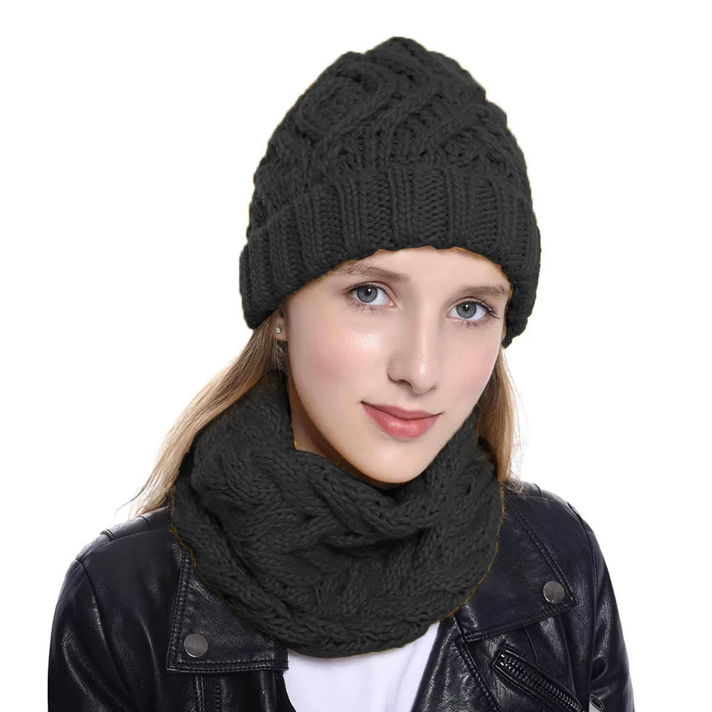 20hat and scarf Шапка и шарф 2019Top Женская двухсекционная однотонная вязаная шапка сохраняющая тепло шейный платок зимняя шапка - Цвет: 20hat and scarf