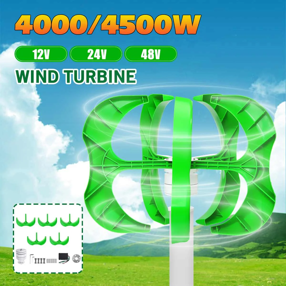 

Wind Power Turbines Generator 4500W 12/24/48V 5 Blades generator Lantern wind turbines Vertical Axis For Streetlight+Controller