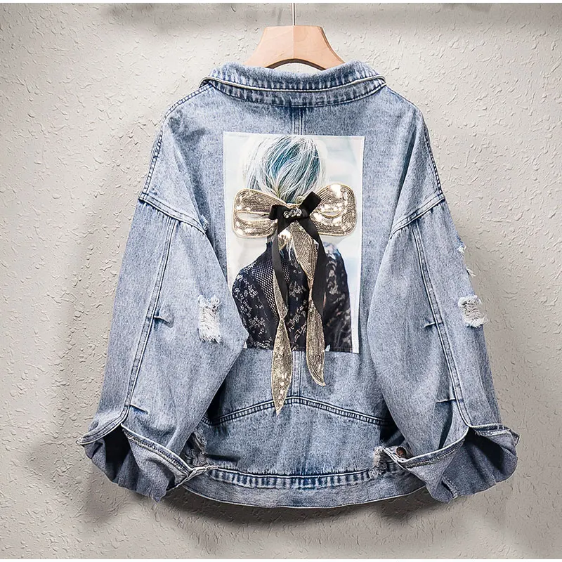 Blue Размера плюс Harajuku блестки Красота аппликация на джинсы куртка 3XL 4XL 5XL корейские потертые Повседневное Джинсовая Верхняя одежда уличная джинсовая куртка - Цвет: Blue