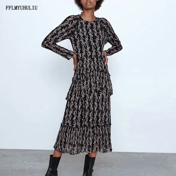 

Women's new fashion round neck flower print pleated long-sleeved dress