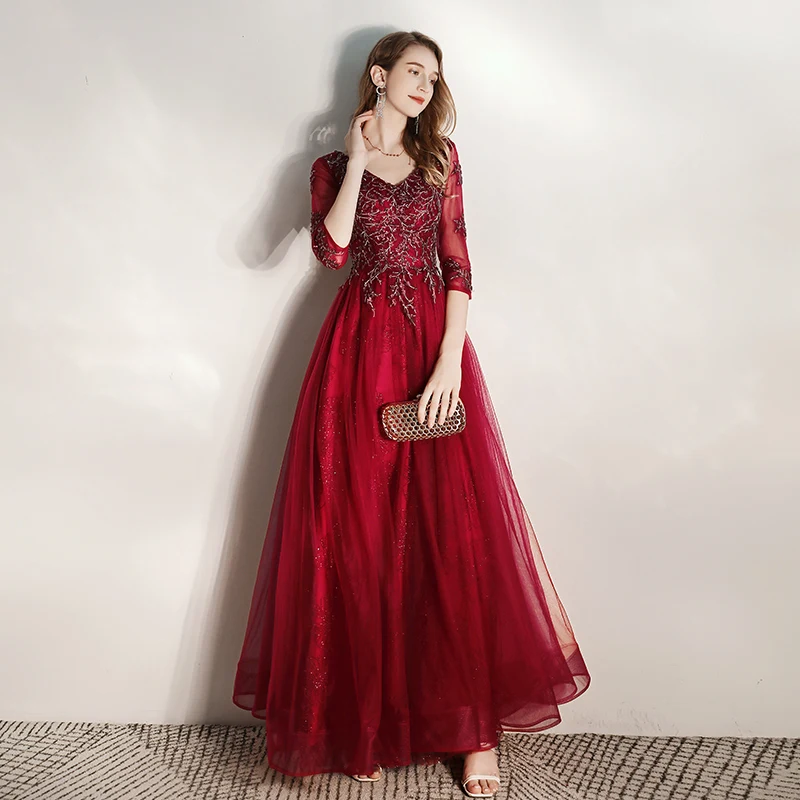 SSYFashion зимние вечерние платья для женщин Элегантный цвета красного вина Половина рукава v-образным вырезом блестками вечерние платья с бисером Vestidos De Noche - Цвет: Бургундия