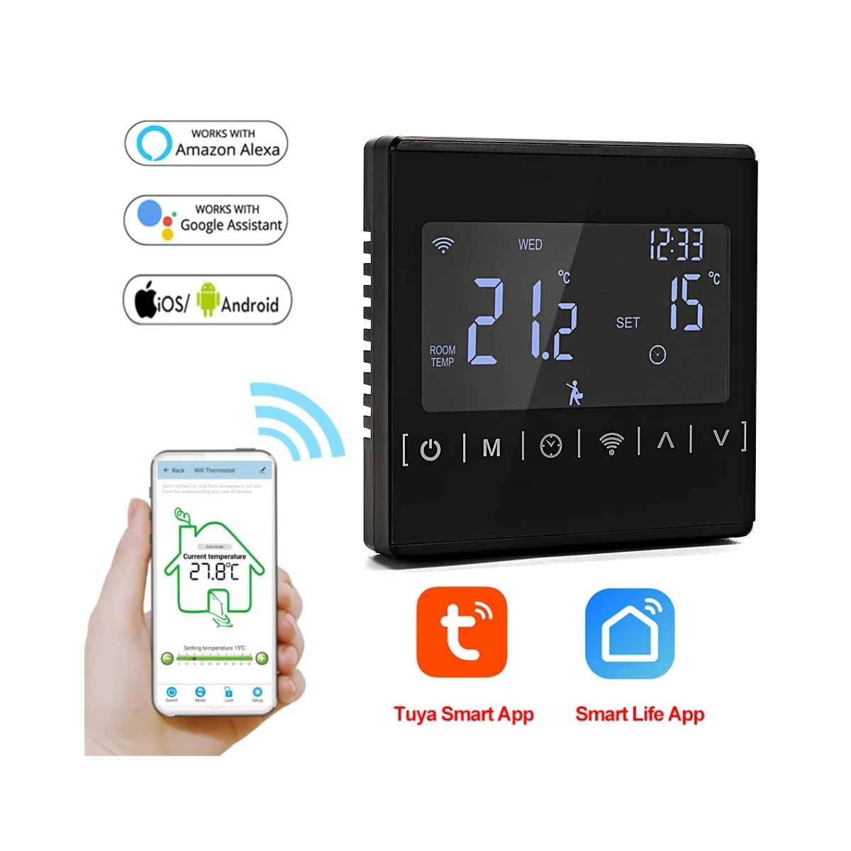 WiFi smart thermostat, electric floor heating thermostat, electric heating thermostat control power cord heating