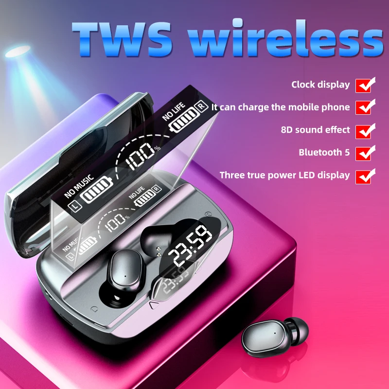 Auriculares TWS inalámbricos por Bluetooth 5,0, cascos deportivos estéreo 8D resistentes al agua con micrófono, novedad