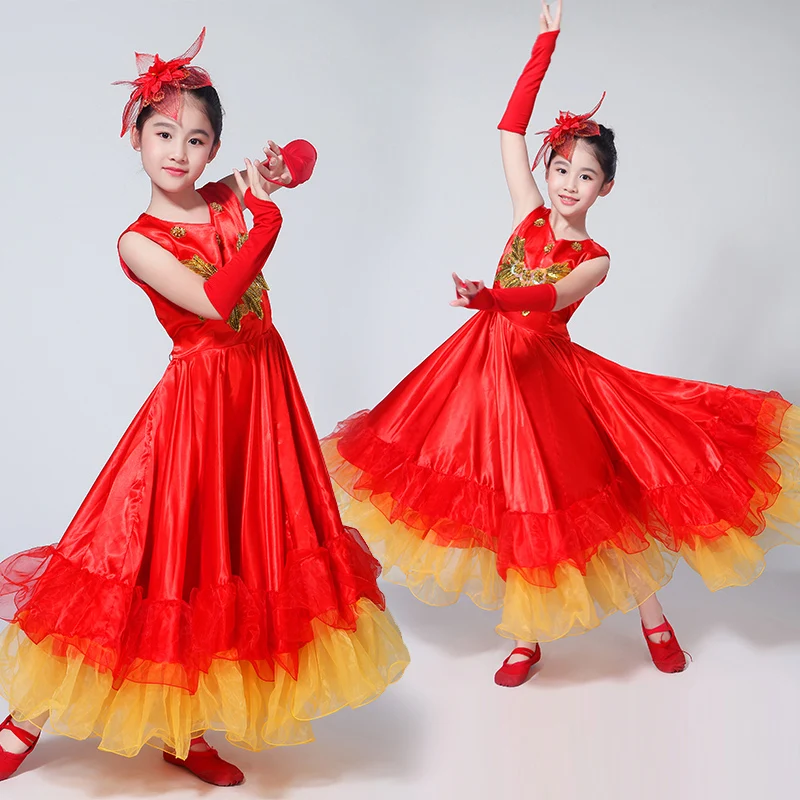 

Modern Children Spanish Flamenco Skirt Gypsy Spanish Dance Costumes Girls Bullfighting Skirt Chorus Folk Dance Dresses DL4216