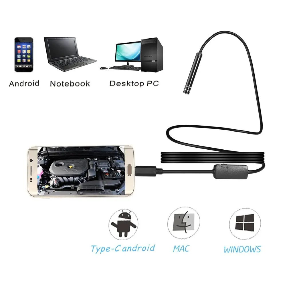 

7mm Lens 720P Android Endoscope Waterproof Inspection Borescope Tube Camera 1M Length Adjustable Hard/Soft Wire
