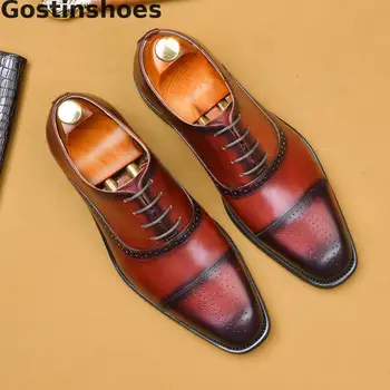 

Three Styles Shoes Men Genuine Leather Black Brown Grey Color Men Oxfords Lace-up Pointed Capped Toe Cut-out Breathable Men Shoe