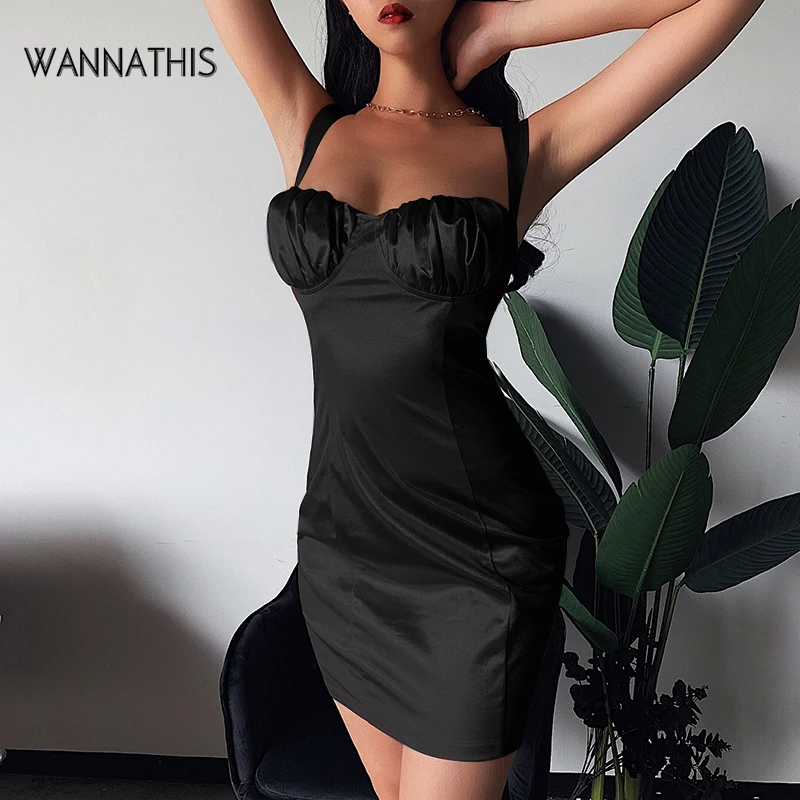 

WannaThis Black Slash Neck Spaghetti Strap Bodycon Dresses Satin Reflective Silk Sexy Ruched Bra Slim Backless Mini Party Dress