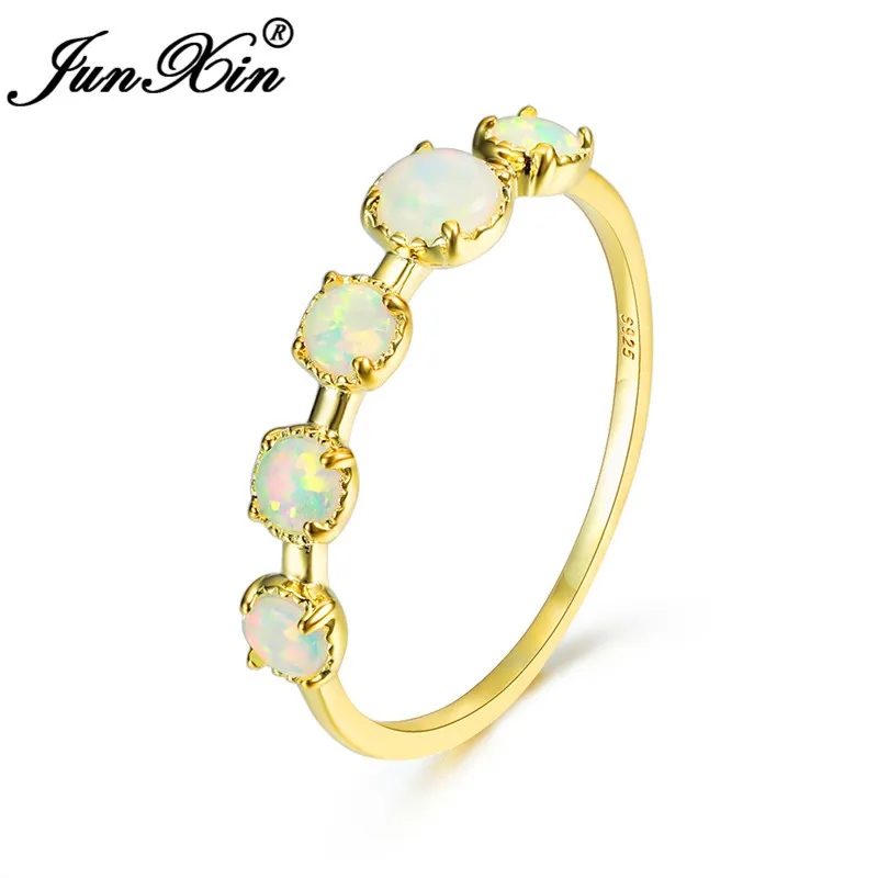 Real 925 Sterling Silver Ring Single Row Round White Fire Opal Rings For Women Yellow Gold Wedding Bands Stacking Thin Ring Band