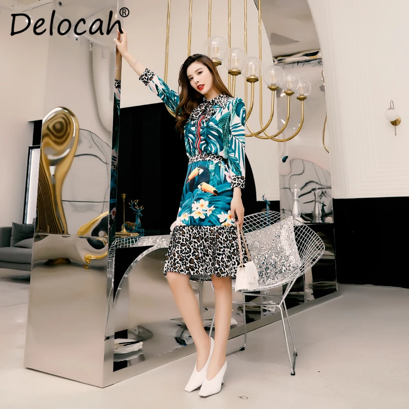 Delocah 2020 Lente Zomer Vrouwen Pak Runway Fashion Designer Lange Mouw Eenvoudige Boog Print Blouses + Mermaid Rok Twee Stukken sets Delocah 2020 Lente Zomer Vrouwen Pak Runway Fashion Designer Lange Mouw Eenvoudige Boog Print Blouses + Mermaid Rok Twee Stukken sets