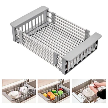 

Rack Drain Basket Stainless Steel Telescopic Sink Rack Sink Dish Rack Kitchen Cleaning Fruit Vegetable Drainer Shelf Basket