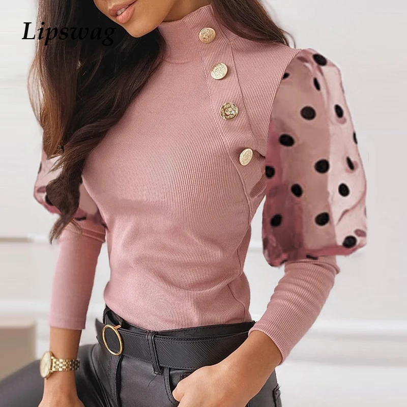 

Women Mesh Puff Long Sleeve Ribbed Knitted Shirt Autumn Elegant Polka Dots Blouse Tops Office Lady O neck Slim Knitwear Pullover