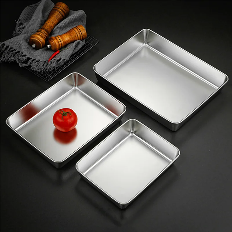 304 Flat Bottom Stainless Steel Square Tray Baking Pan Multifunctional  Dessert Straight Edge Baking Tray Kitchen Storage Tools - AliExpress