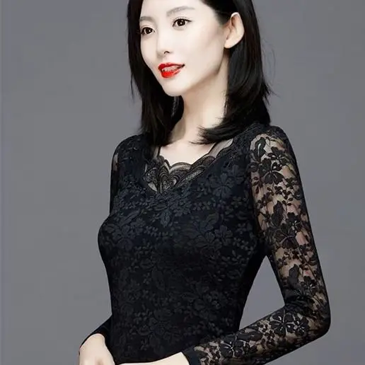 여성용 긴팔 블라우스, 레이스 셔츠, 겨울 블라우스