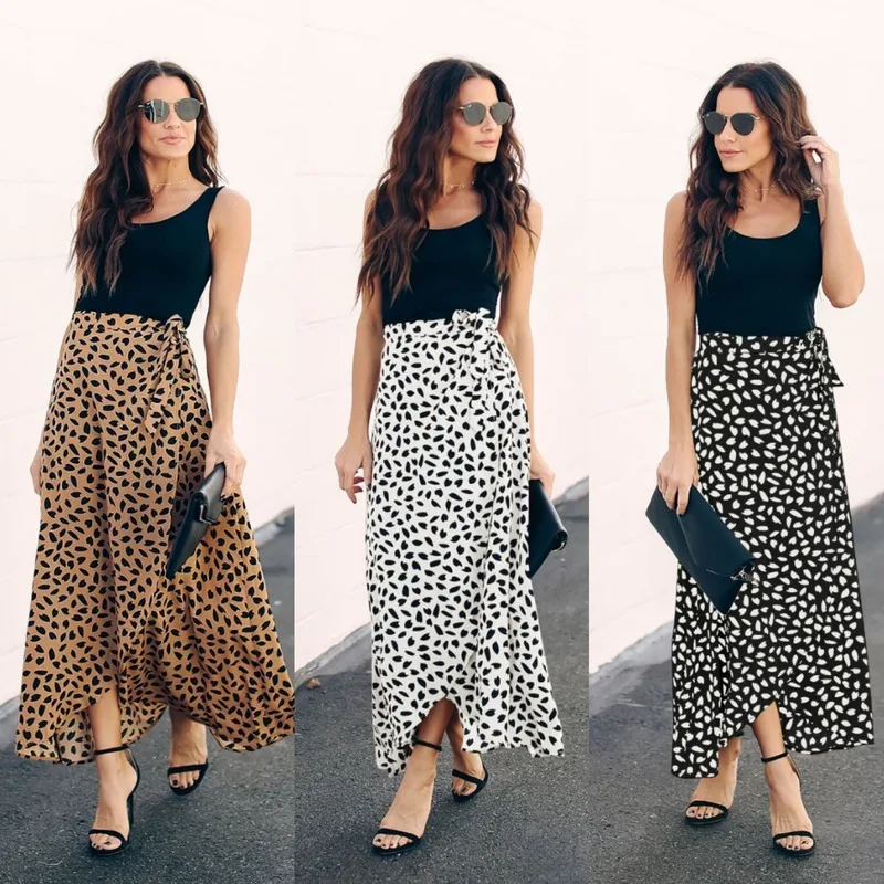 

Cute Polka Dot Printed Long Skirt Spring Autumn Bohemian Women Slit Skirt Leopard Print Lace-up Skirt New Skirts Womens