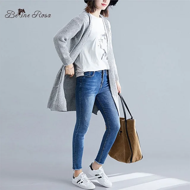 baby gray BelineRosa/женские вязаные кардиганы больших размеров; осенне-зимняя одежда; женские трикотажные пальто; подходит для 50-80 кг; MNWY0008 - Цвет: baby gray