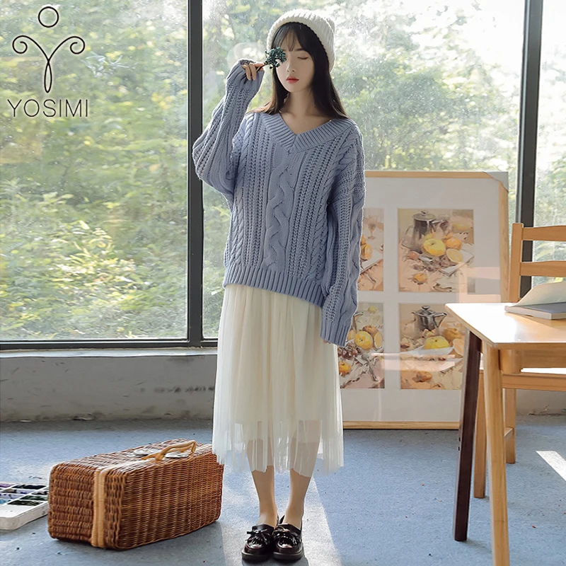 

YOSIMI Women Two Piece Outfits 2019 Autumn Loose Cotton Full Sleeve V-Neck Pullover Sweater and Mesh Skirt Elastic Mid-Calf Pink