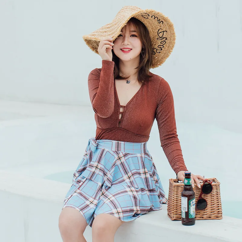

2019 New Style One-piece Briefs Skirt Large Size Hot Springs Bathing Suit Women's Sexy V-neck Slimming