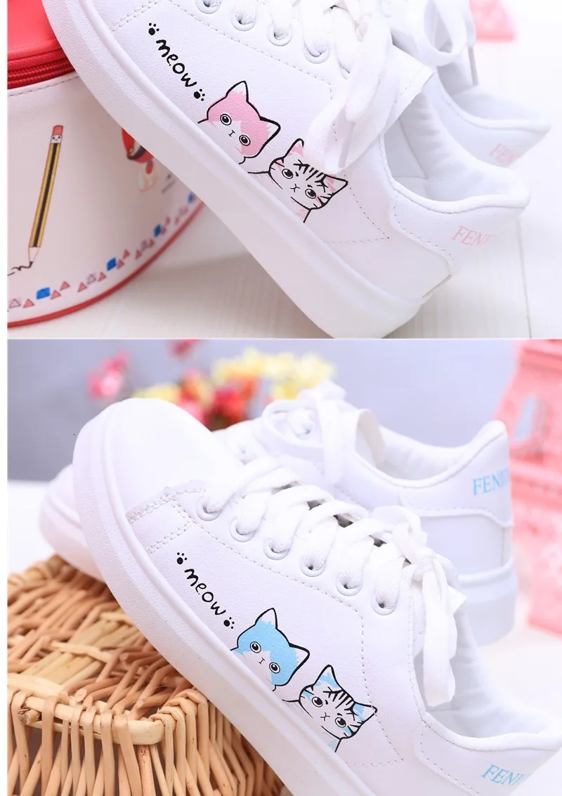 Autumn Girl Student Pupil Single Shoe Ventilation Skate Children Shoes White Girl Sneakers Cute Cat Embroidery Kids Casual Shoes