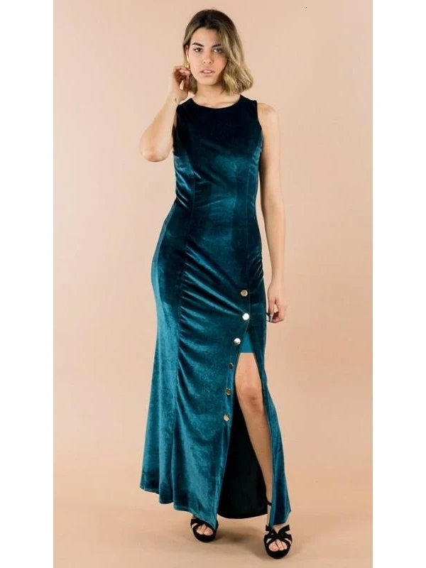 GREYMODA VESTIDO MUJER MAXI SIRENA VELVET ABERTURA BOTONES
