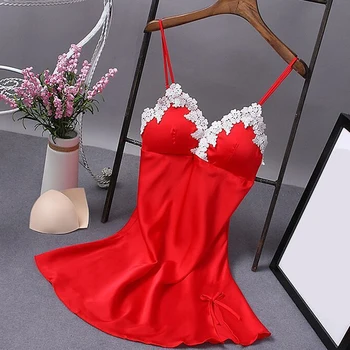 

Women's Sexy Lingerie Silk Nightgown Summer Dress Lace Night Dress Sleepwear Babydoll Nightie Satin Homewear Chest Pad Nightwear