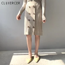 Женские вязаные юбки осень зима теплая полосатая трикотажная прямая юбка Повседневная Корейская стильная двубортная дизайнерская юбка до колен