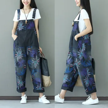 

Fashion 2020 new original plus-size women's sen department made old print loose wash jean suspenders