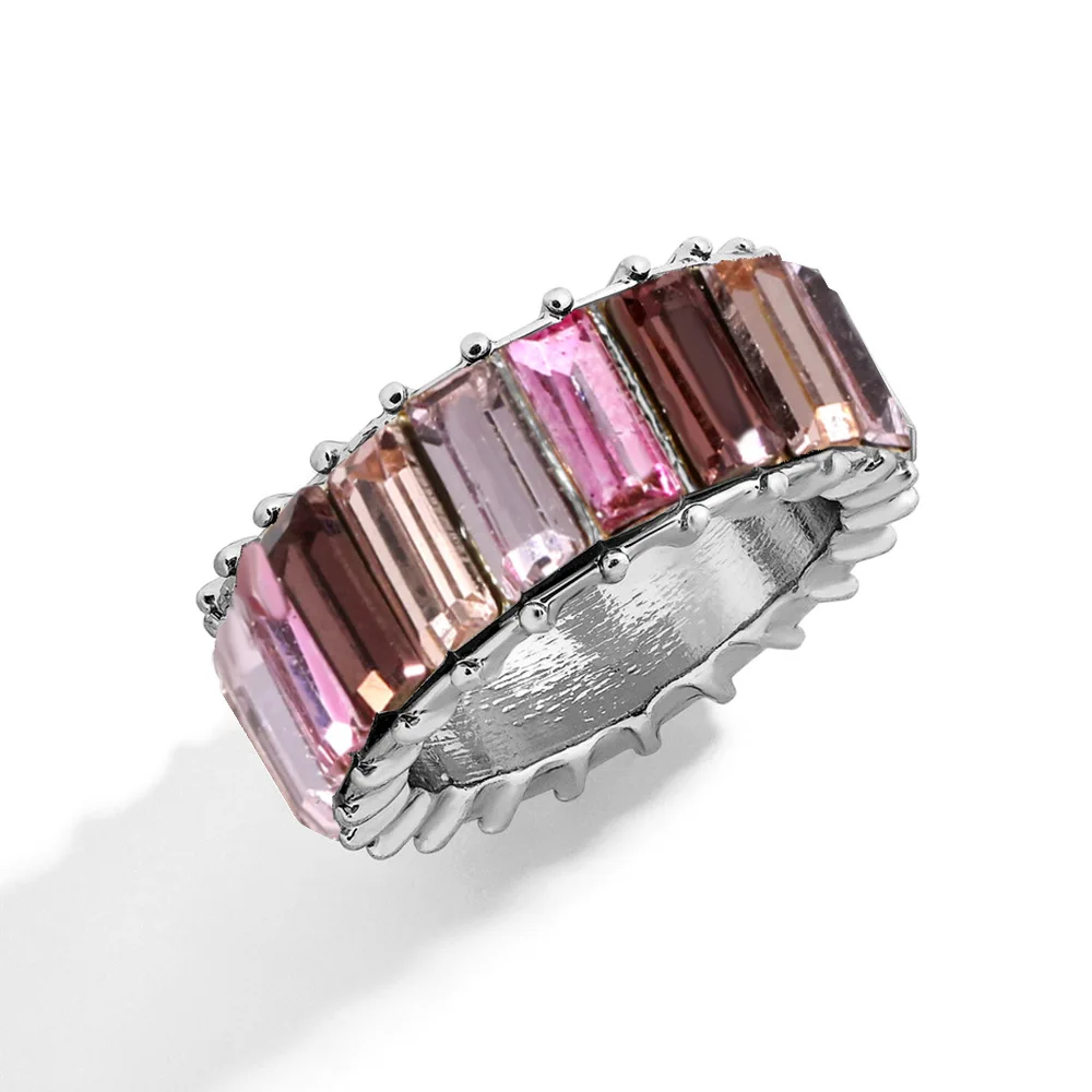 KMVEXO 15 цветов изящное Радужное кольцо разноцветный кристалл вечность квадратный багет серебряное кольцо на палец женские свадебные украшения - Цвет основного камня: Purple Pink