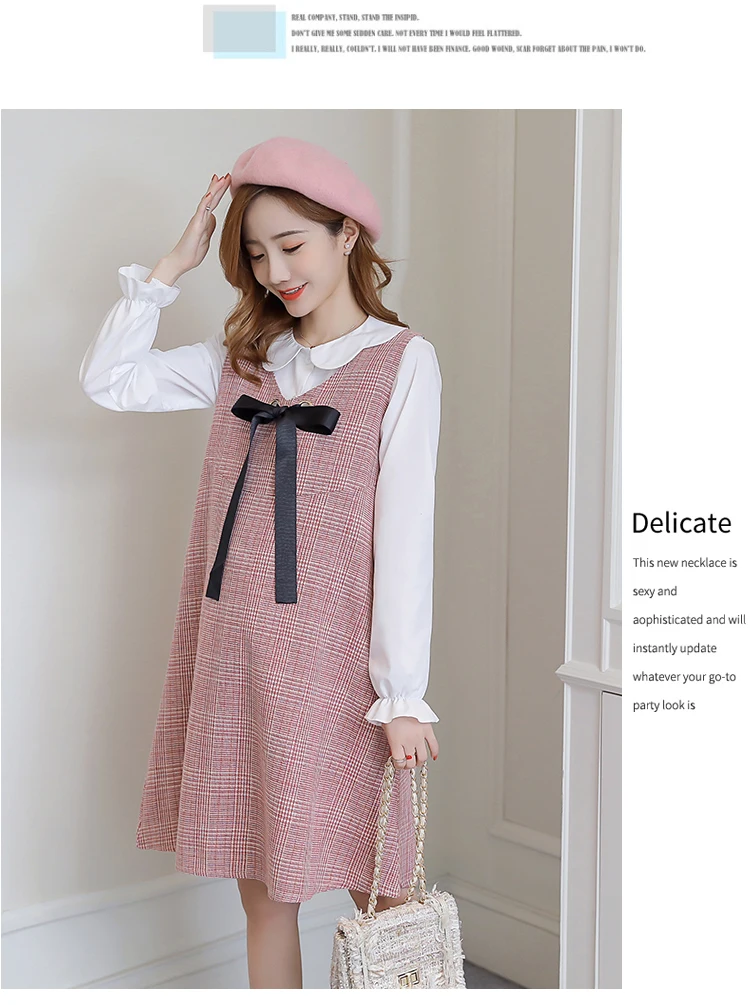 6596# 2PCS/Set Autumn Korean Fashion Maternity Dress Sweet Lovely Straight Loose Clothes for Pregnant Women Fall Pregnancy