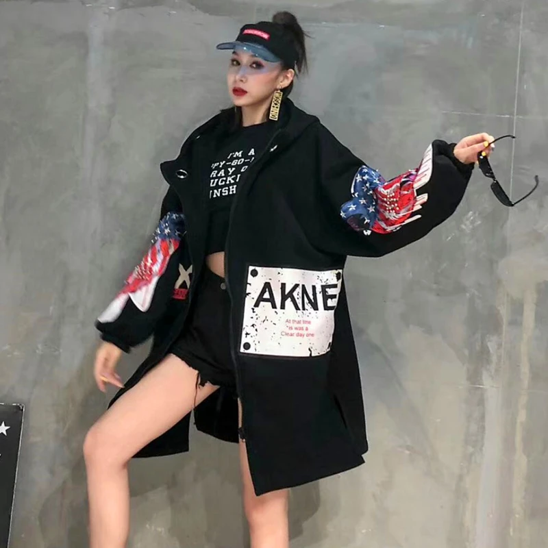 Plus velvet thick loose sweater women's long section tide brand patch printing personality hooded jacket autumn and winter