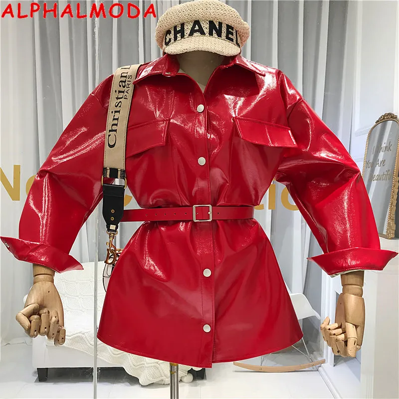 Женская куртка из ПУ кожи ALPHALMODA блестящее дизайнерское пальто средней длины с