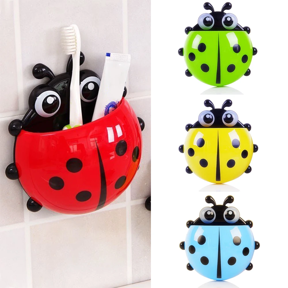 Soporte para cepillo de dientes con diseño de mariquita, soporte para cepillo de dientes con dibujos de animales, en la pared con succión, organizador de contenedor, 1 Uds.
