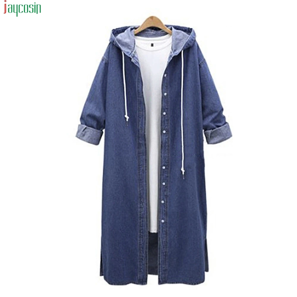 

JAYCOSIN Casual Jacket Women 2019 Hooded Casual Long Sleeve Denim Jacket Long Jean coats and jacket women Outwear Overcoat Mujer
