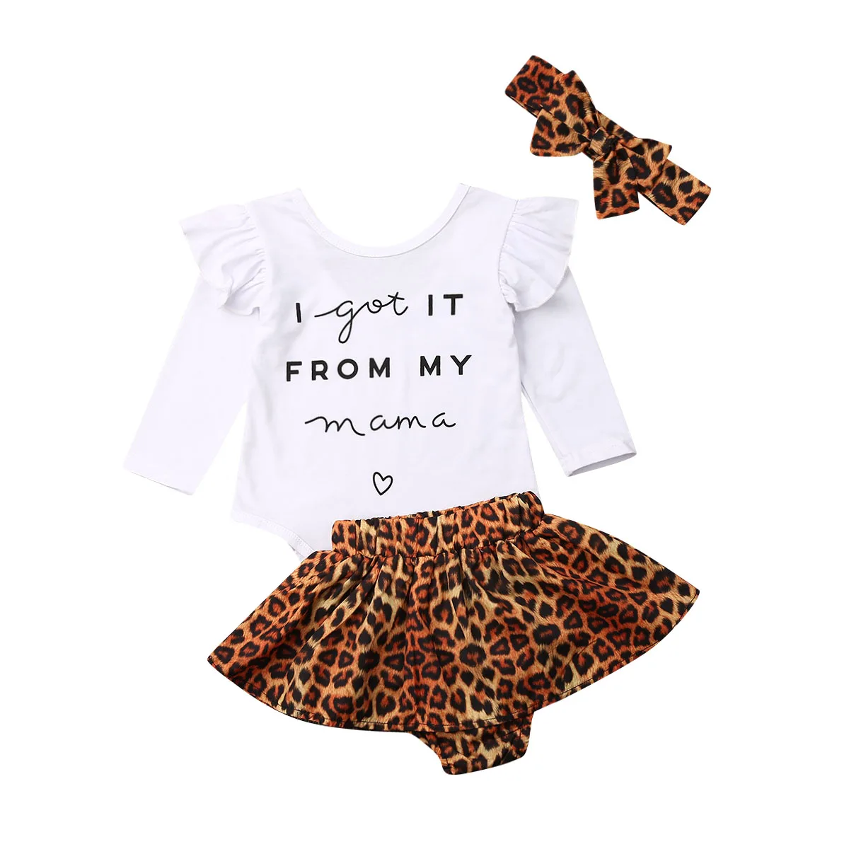 Одежда для маленьких девочек; комбинезон с длинными рукавами и надписью; Топы+ леопардовая юбка+ повязка на голову; осенний комплект одежды из 3 предметов - Цвет: Белый