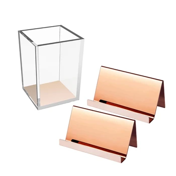 

2 Pack Stainless Steel Business Cards Holders (Rose Gold) & 1x Acrylic Square Pen Pencil Ruler Holder Clear/Rose Gold