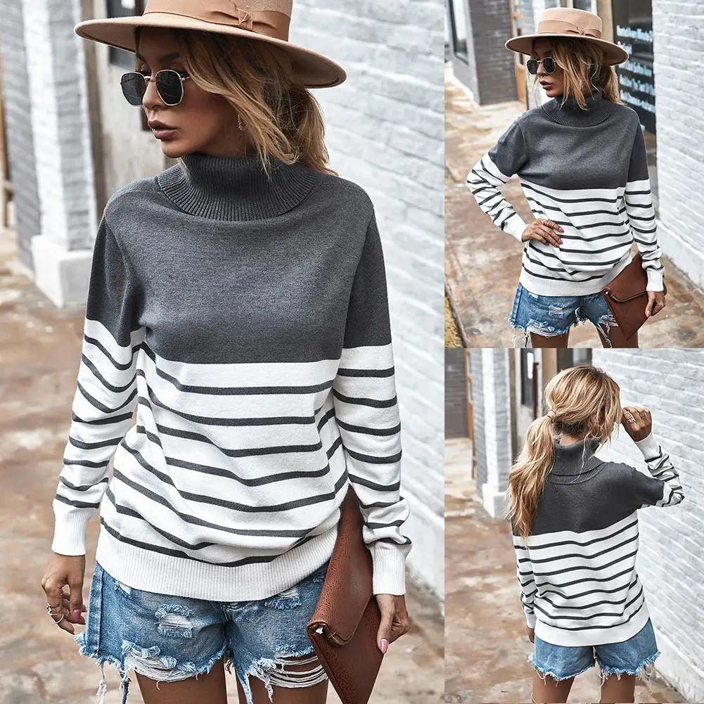 Women Casual Autumn Winter Turtle Neck Stripes Slim Sweater Pullover Female Long Sleeves Clothes Soft Warm Pull | Женская одежда
