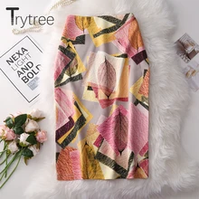 Trytree осенне-зимняя юбка женская повседневная юбка с высокой талией модная юбка с разрезом на молнии до середины икры облегающая женская юбка