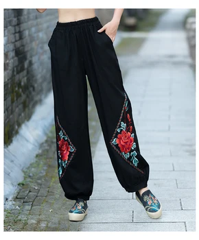 

KYQIAO pantalones mujer plus size vintage trousers women autumn winter Chinese style long black blue embroidery wide leg pant