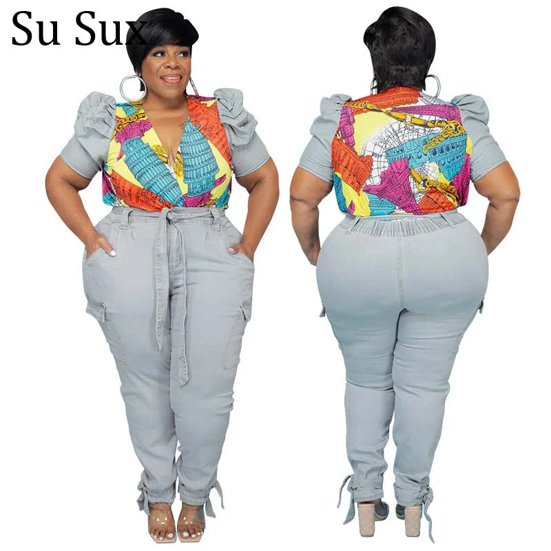 

Puff Sleeve Denim Pant Suits Tracksuit Women Plus Size 5XL Print V Neck Top and Pencil Pants Sets Outfits Jeans 2021 Autumn
