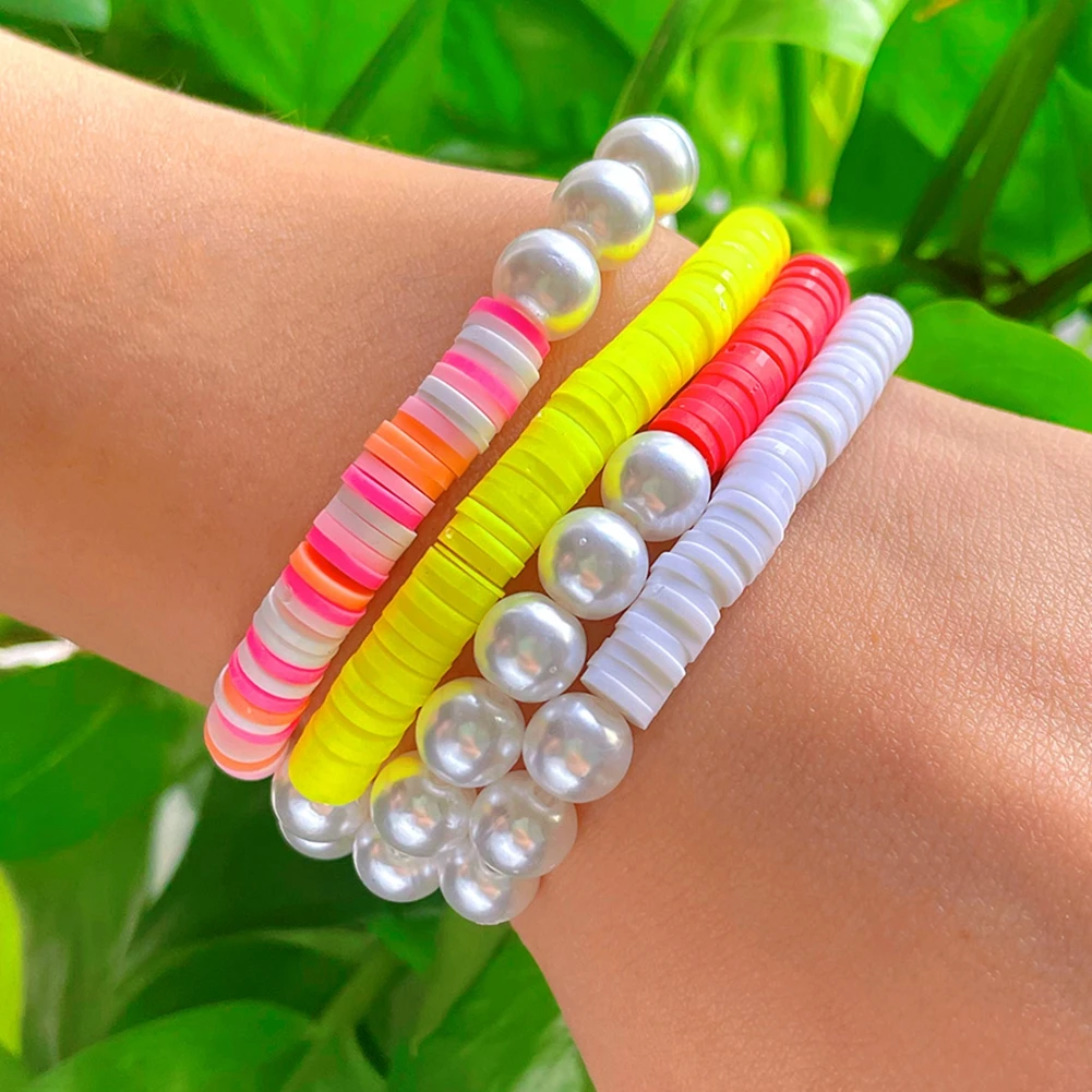 New Design Colorful Soft Polymer Clay Beads Bracelets For Women Bohemian  Elastic White Pearl Bracelet Beach Jewelry Party Gifts