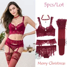 Женский сексуальный кружевной Рождественский бюстгальтер набор нижнего белья и трусиков и подвязок и чулок и ожерелья 5 шт./лот