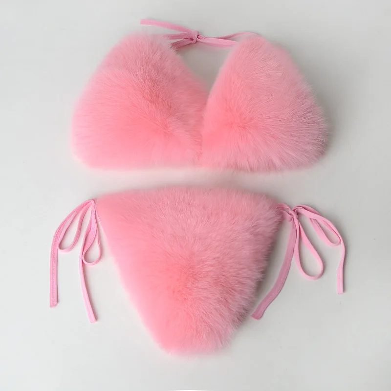 Pink Пикантные тапочки с натуральным лисьим мехом женские меховые бюстгальтеры, женские пушистые меховые шлепанцы, меховые бикини, повседневные домашние тапочки, женские удобные плюшевые туфли на плоской подошве - Цвет: Pink