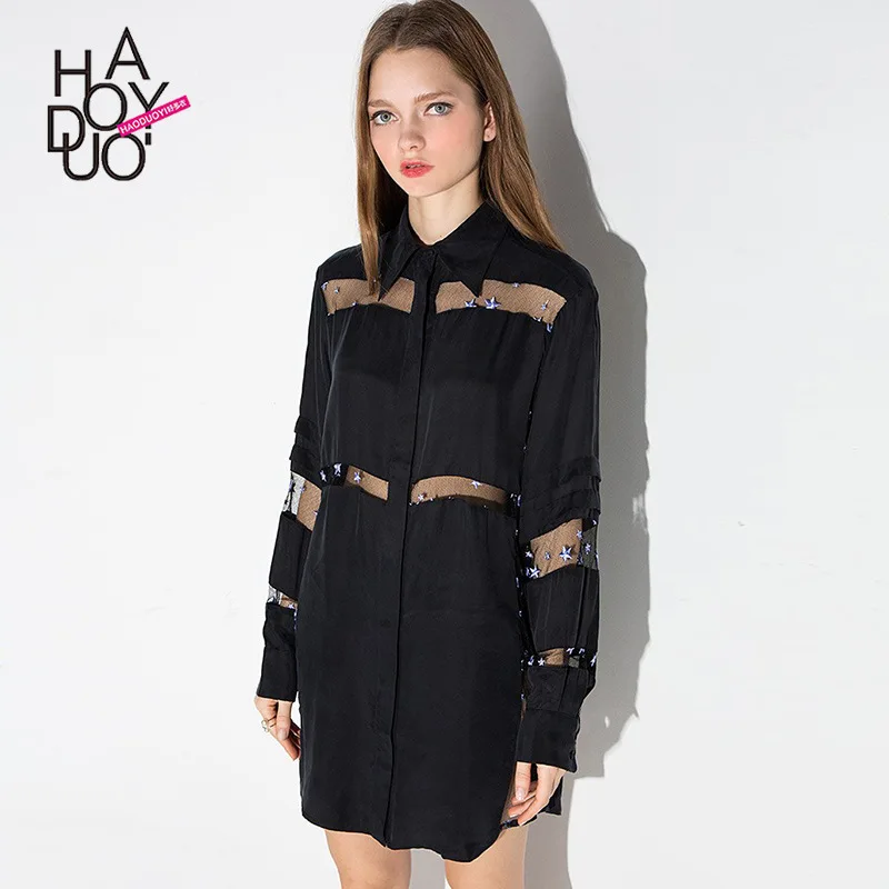

Haoduoyi Hot Selling Spring And Summer New Style Europe And America Transparent Star Embroidery Shirt Dress Boyfriend-Style Long