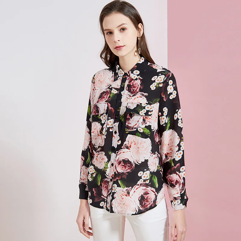 

2020 Spring Summer Women's High End Real Silk 100% Shirts and Tops Elegant Blouses Printing Clothing