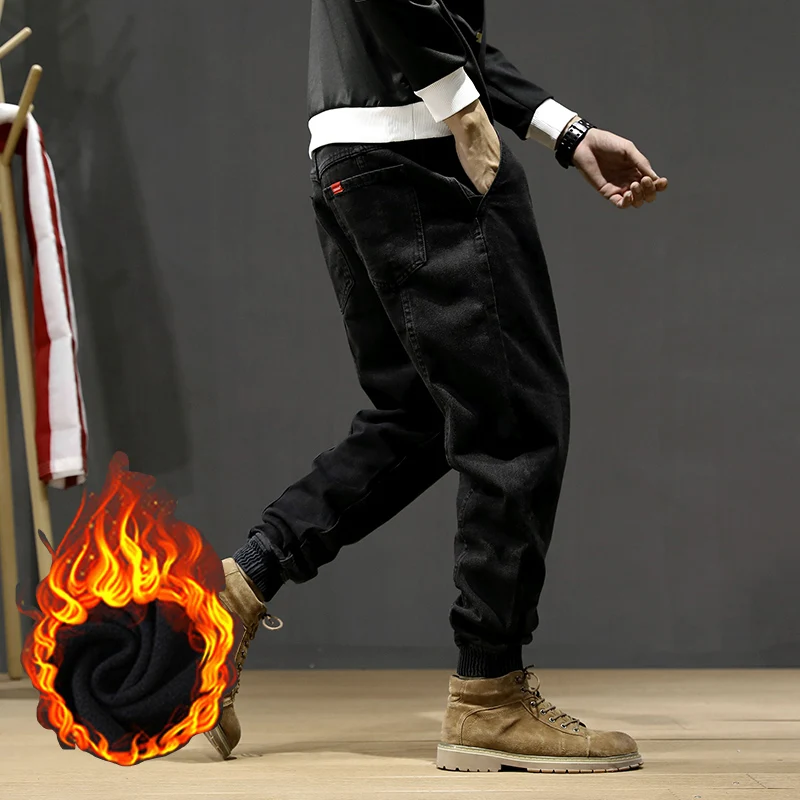 

Fashion Streetwear Men Jeans High Quality Loose Fit Spliced Designer Cargo Pants Vintage Hip Hop Joggers Velvet Warm Trousers