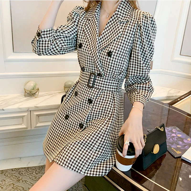 JMPRS Elegant Plaid Women Mini Dress Spring Double Breasted Long Sleeve Tunic Belt Party Blazers Dress Korean Slim Vestidos blazer dress