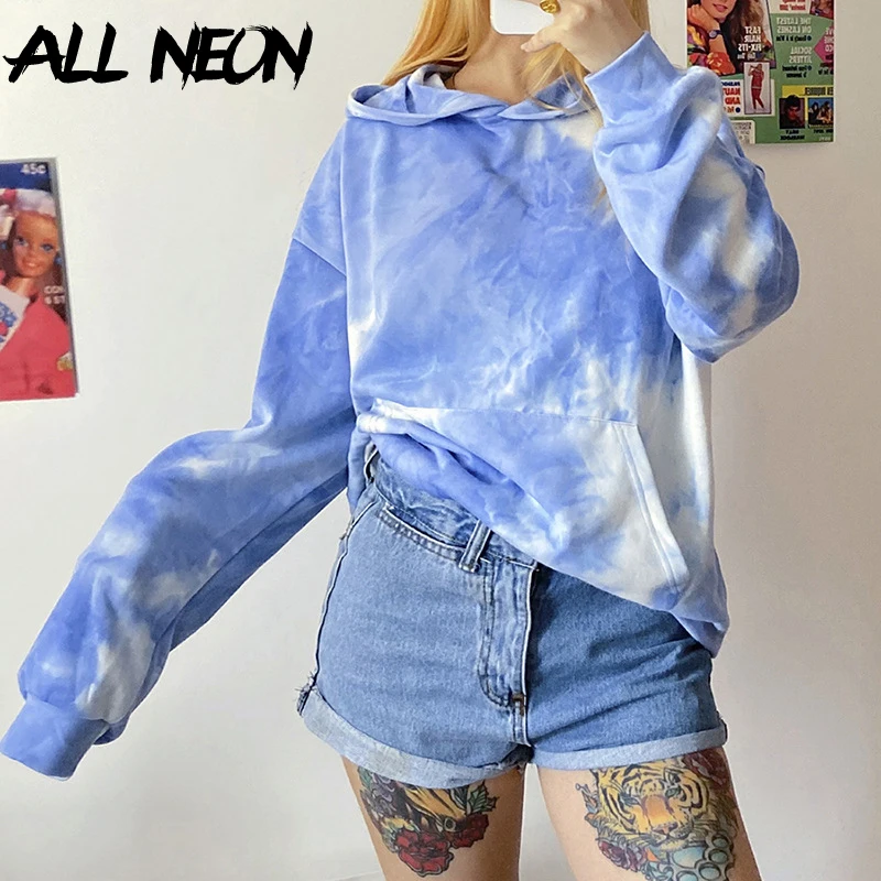 

ALLNeon Y2K Fashion Tie Dye Oversized Hoodie E-girl Style Loosed with Packet Long Sleeve Sweatshirts Streetwear 90s Autumn Kpop