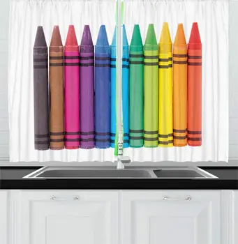 

White Multicolor Colorful Kitchen Curtains Pastel Crayons as School Supply Image Plain Backdrop for Kitchen Cafe Decor